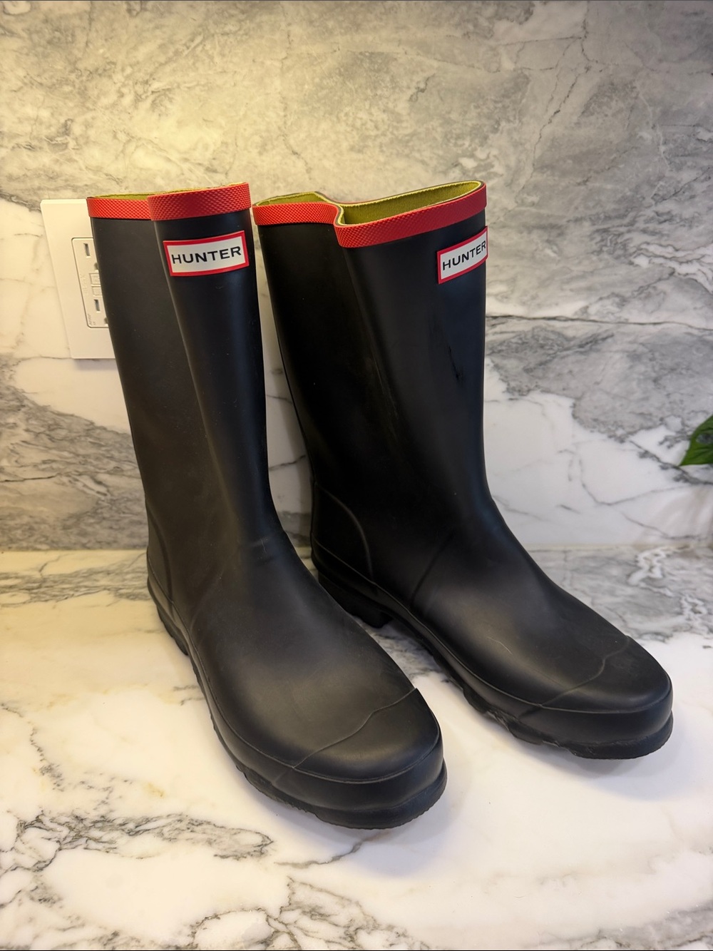 Hunter Black Rain Boots with Red Trim and Yellow Lining